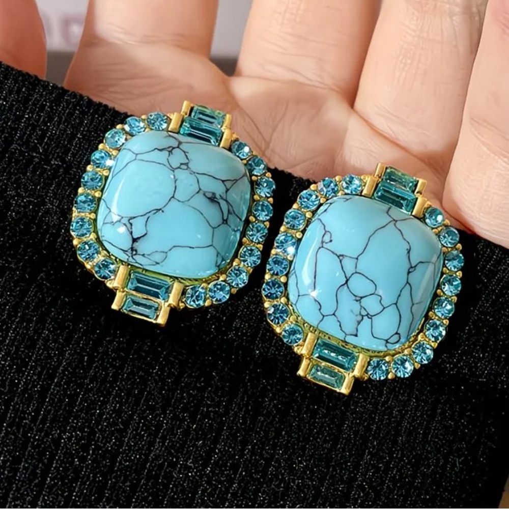 🩵 Turquoise Statement Earrings Gold Crystal Studs Vintage Style Bold Jewelry - Picture 2 of 8